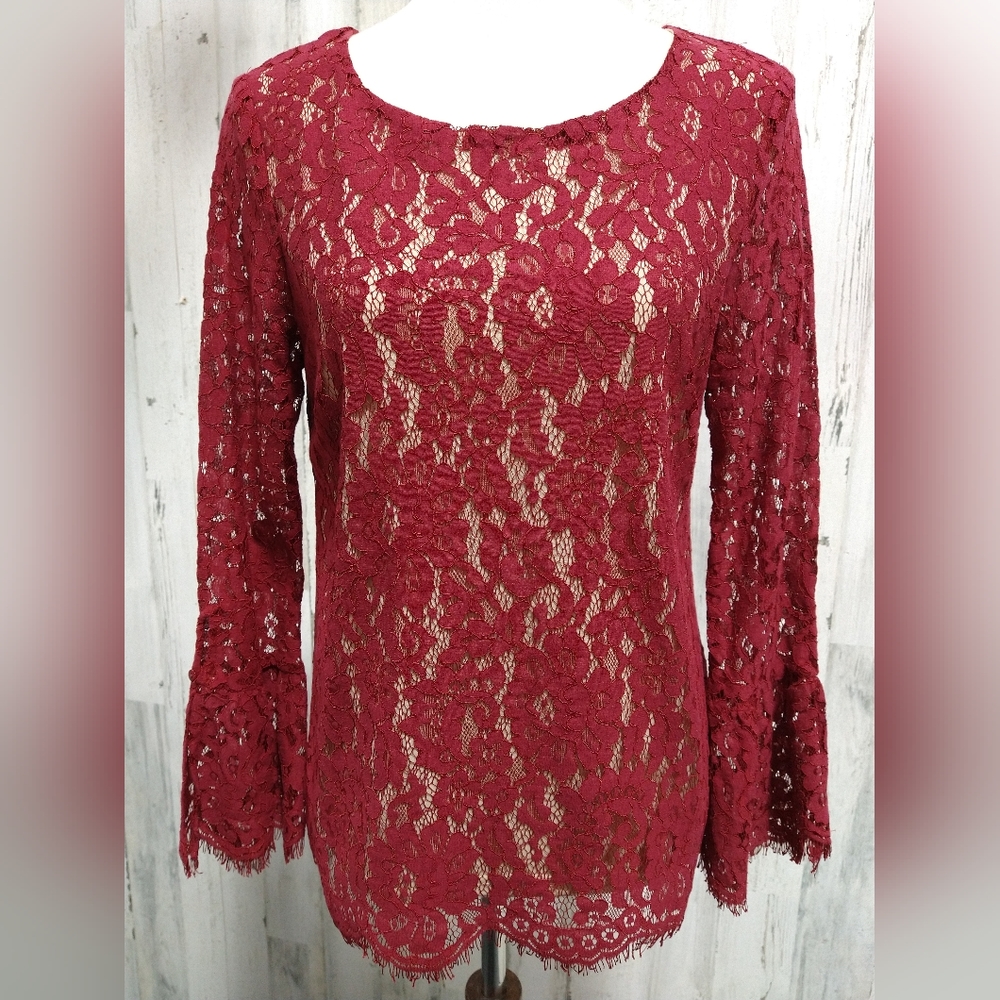ROSE + OLIVE burgundy lace top with bell sleeves